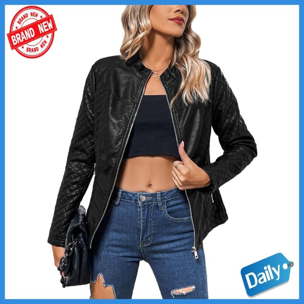 Faux Leather Motorcycle Jacket Bomber Zipper Pockets Women's Coat